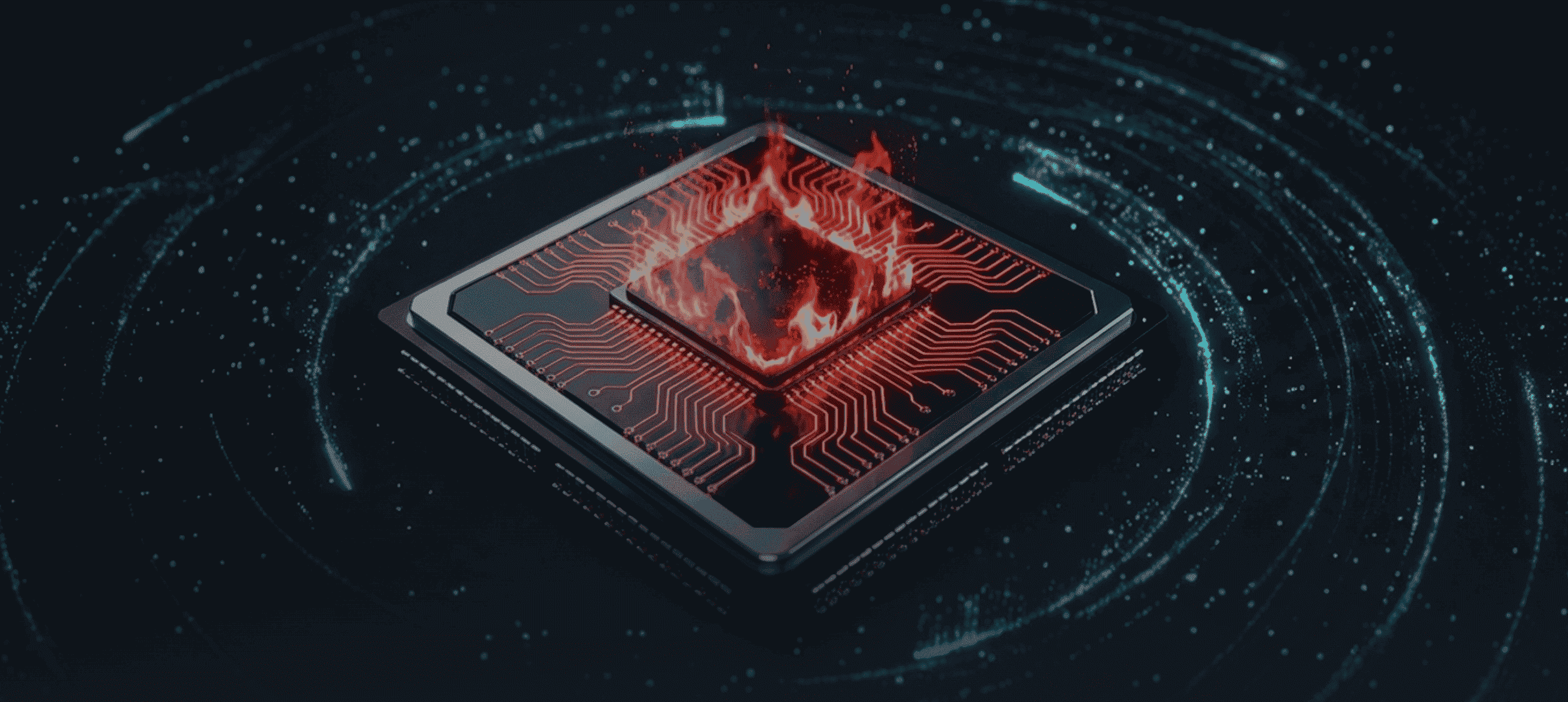 A glowing computer chip with red-hot circuitry and flames at its core, surrounded by swirling digital data