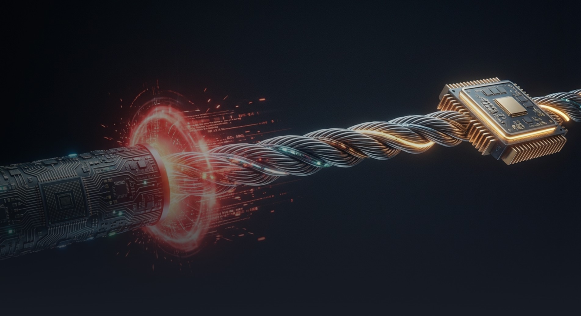 Conceptual illustration showing streams of digital data flowing from a dark, circuit-covered cable into a glowing computer chip.