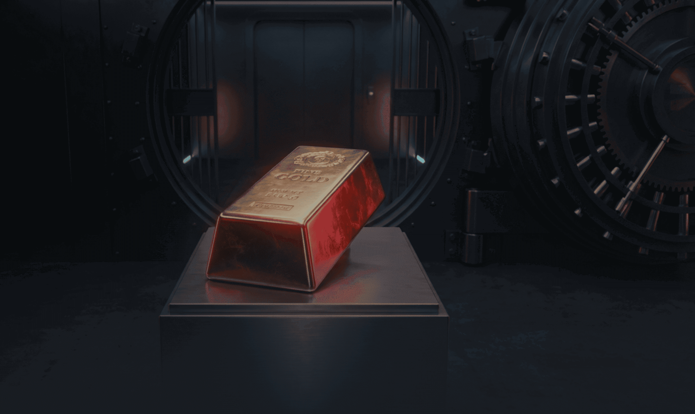 A single gold bar resting on a pedestal inside a secure bank vault, with heavy steel doors