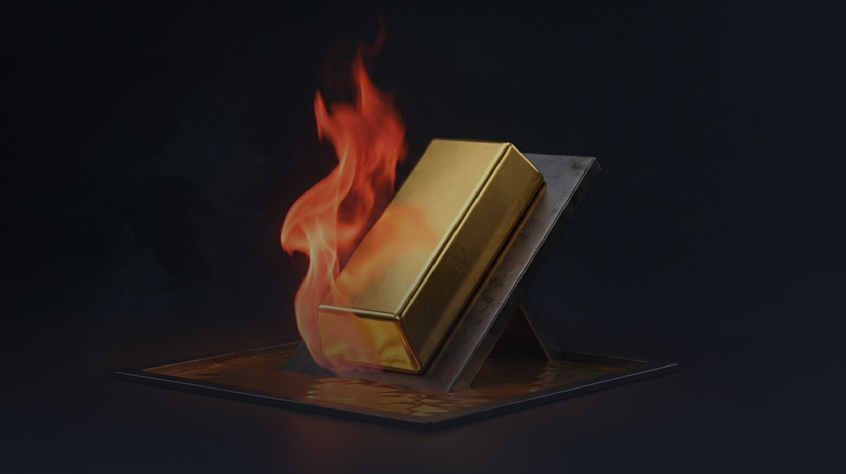 Stylised image of a gold bar tilted on a metal stand, partially engulfed in flames against a dark background.