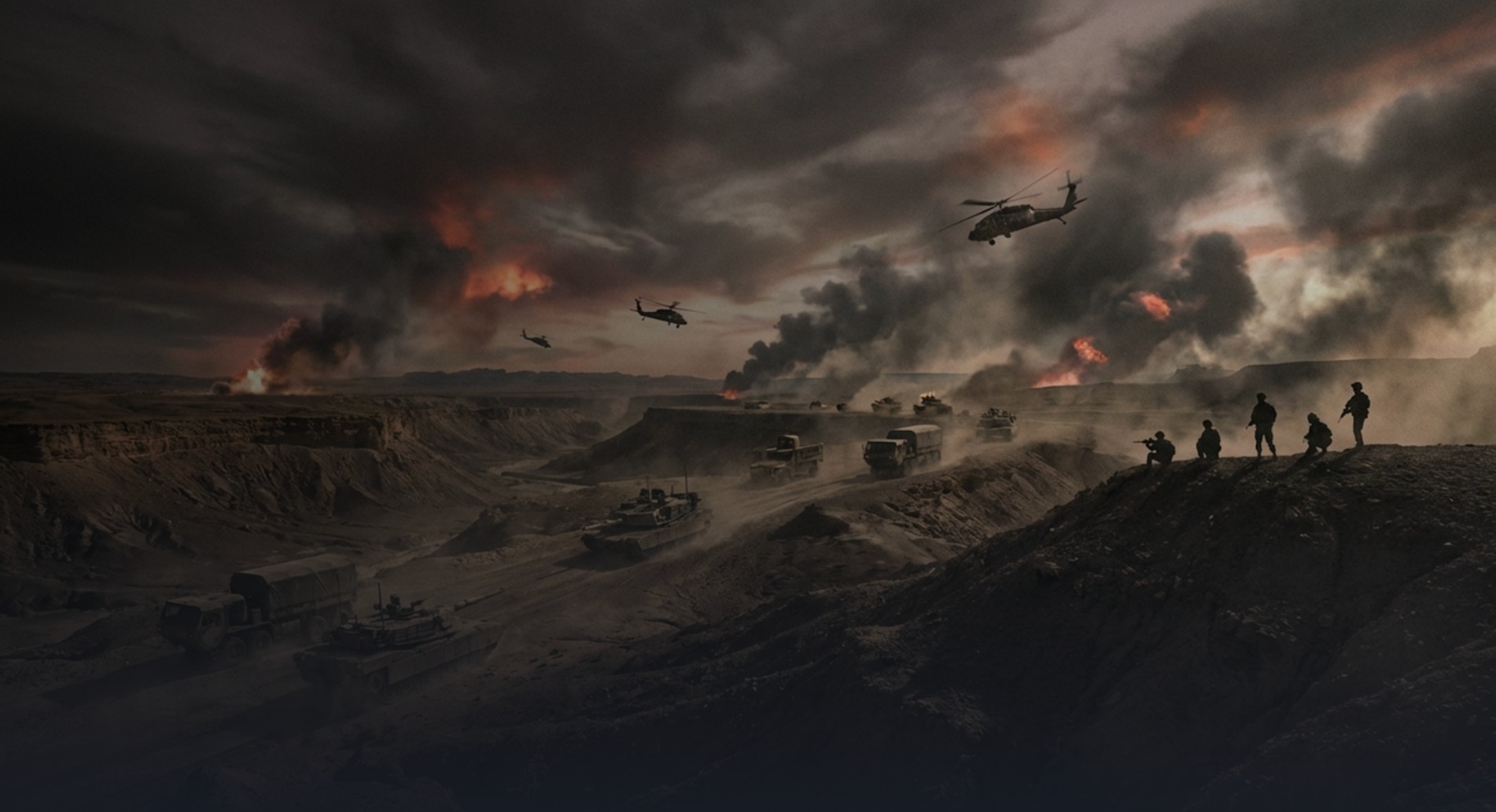 Dramatic battlefield scene showing military helicopters flying overhead, armoured vehicles advancing along a dusty canyon road