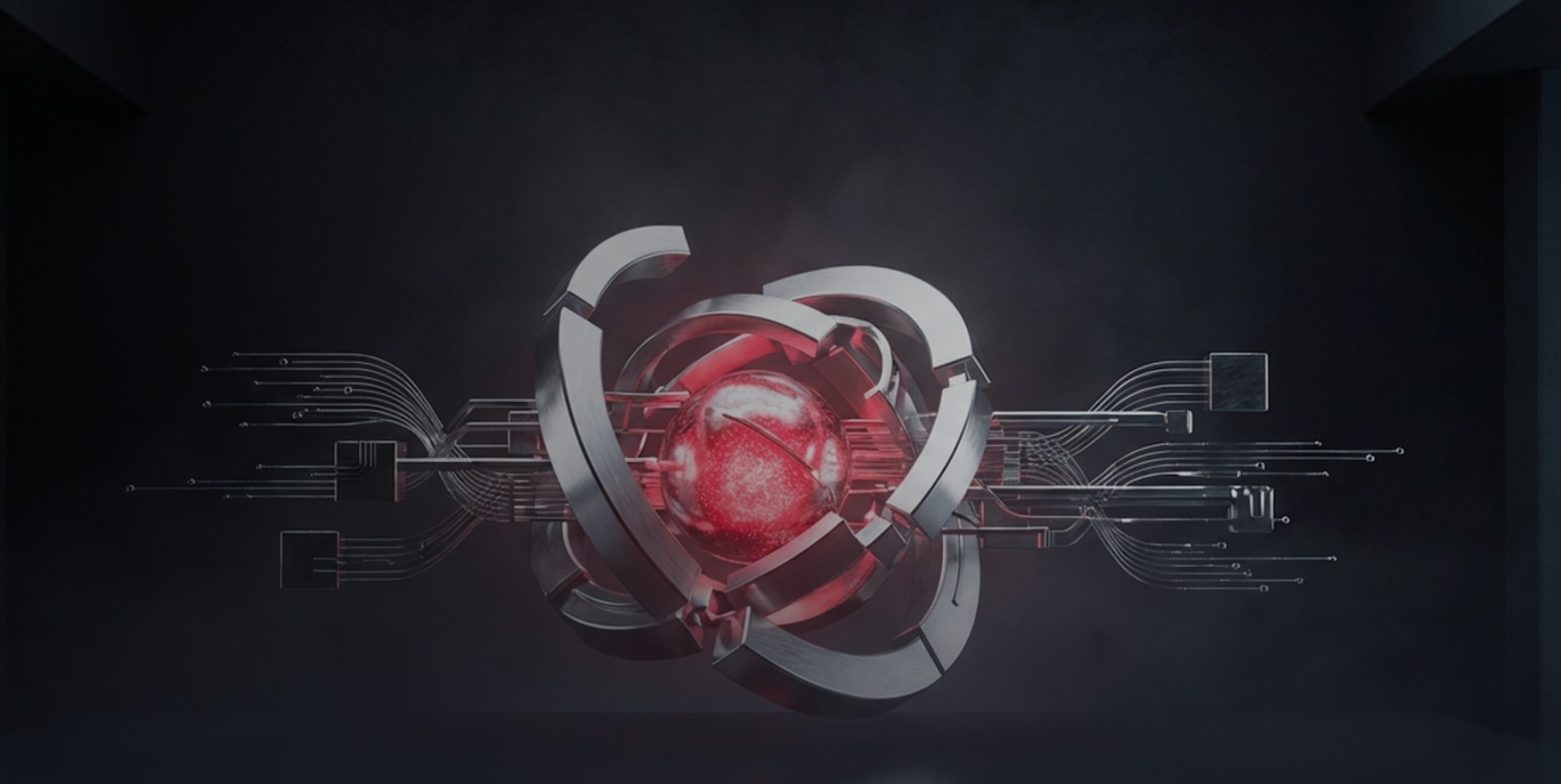 Alt text: Abstract futuristic illustration showing a glowing red core encased within metallic circular rings