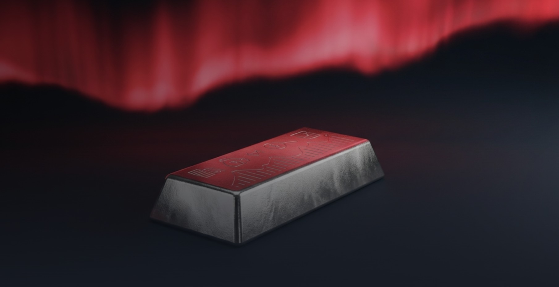  Stylised illustration of a metal bar with a red top surface, engraved with circuit-like patterns, resting against a dark background with flowing red shapes. 