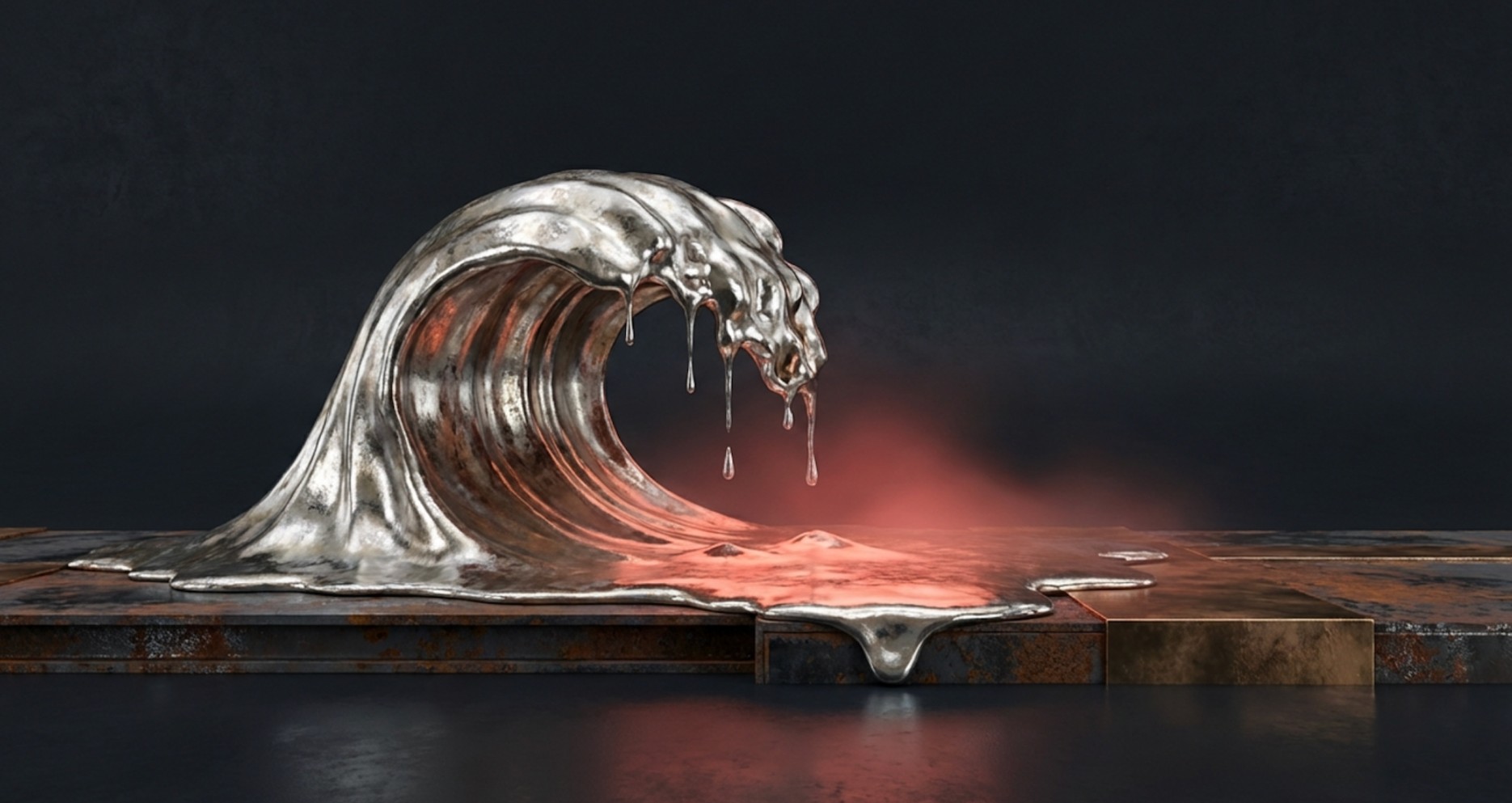 Surreal illustration of a metallic silver wave frozen mid-curl, dripping molten metal onto a dark surface.