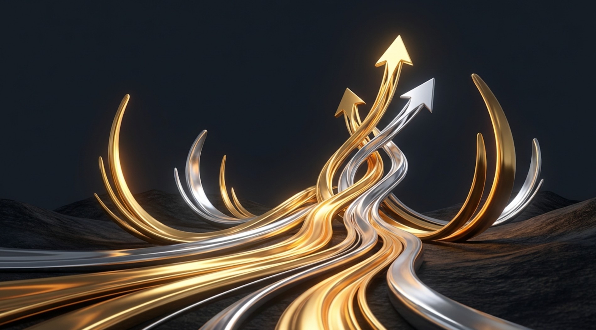Abstract illustration of flowing gold and silver metallic paths converging and rising upward into arrow shapes against a dark background. 