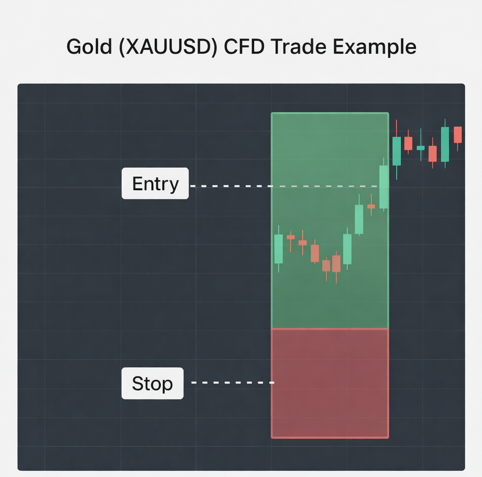 Chati ya mfano wa biashara ya Gold CFD inayoonyesha kuingia, stop loss, na maeneo ya lengo kwenye chati ya kinara, ikionyesha usimamizi wa biashara uliopangwa na udhibiti wa hatari