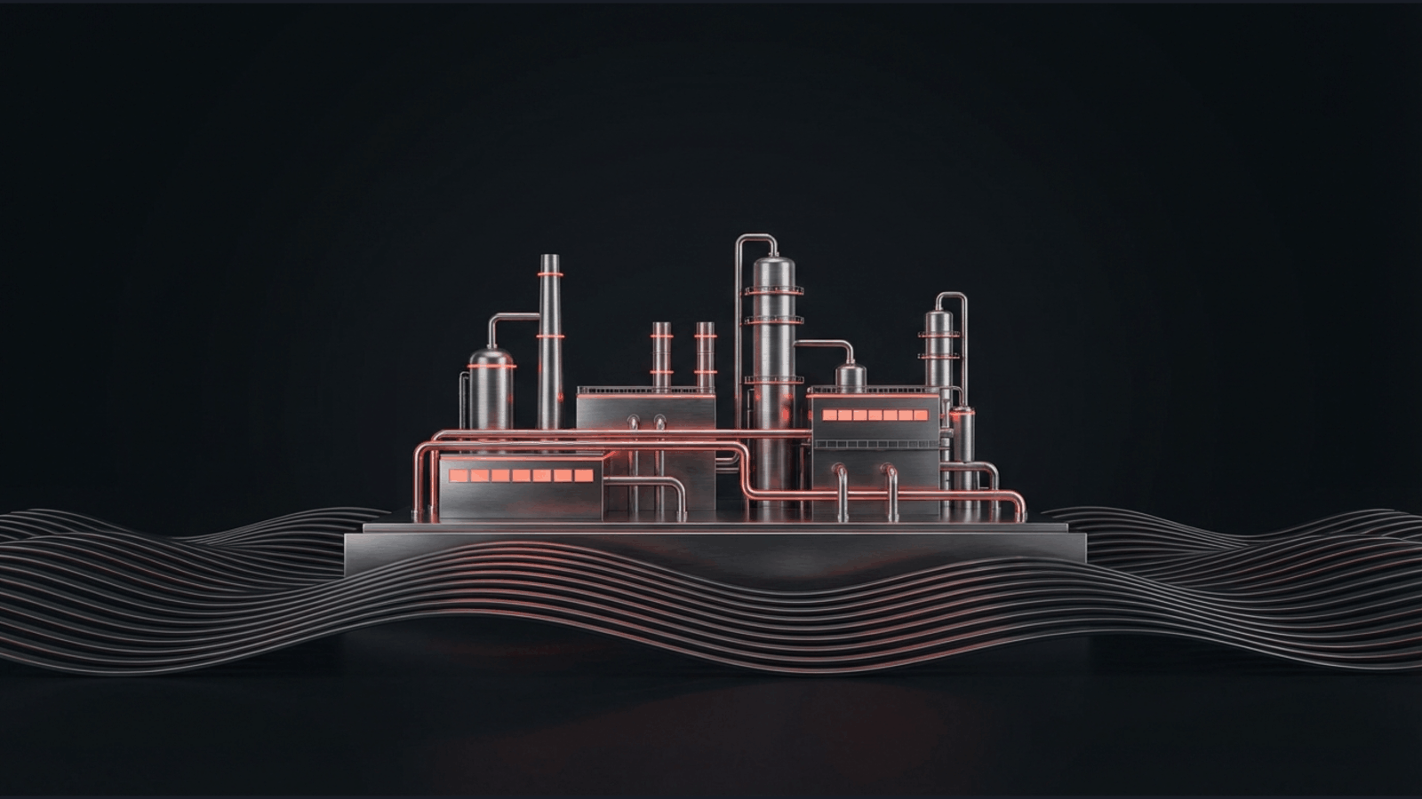 A minimalist 3D rendering of a silver industrial factory with glowing orange highlights set against a dark background with wavy textures.