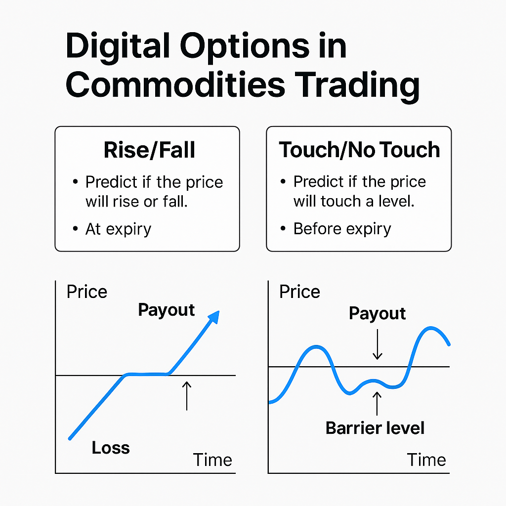 Diagram showing contract structure of Rise/Fall vs Touch/No Touch with example payouts