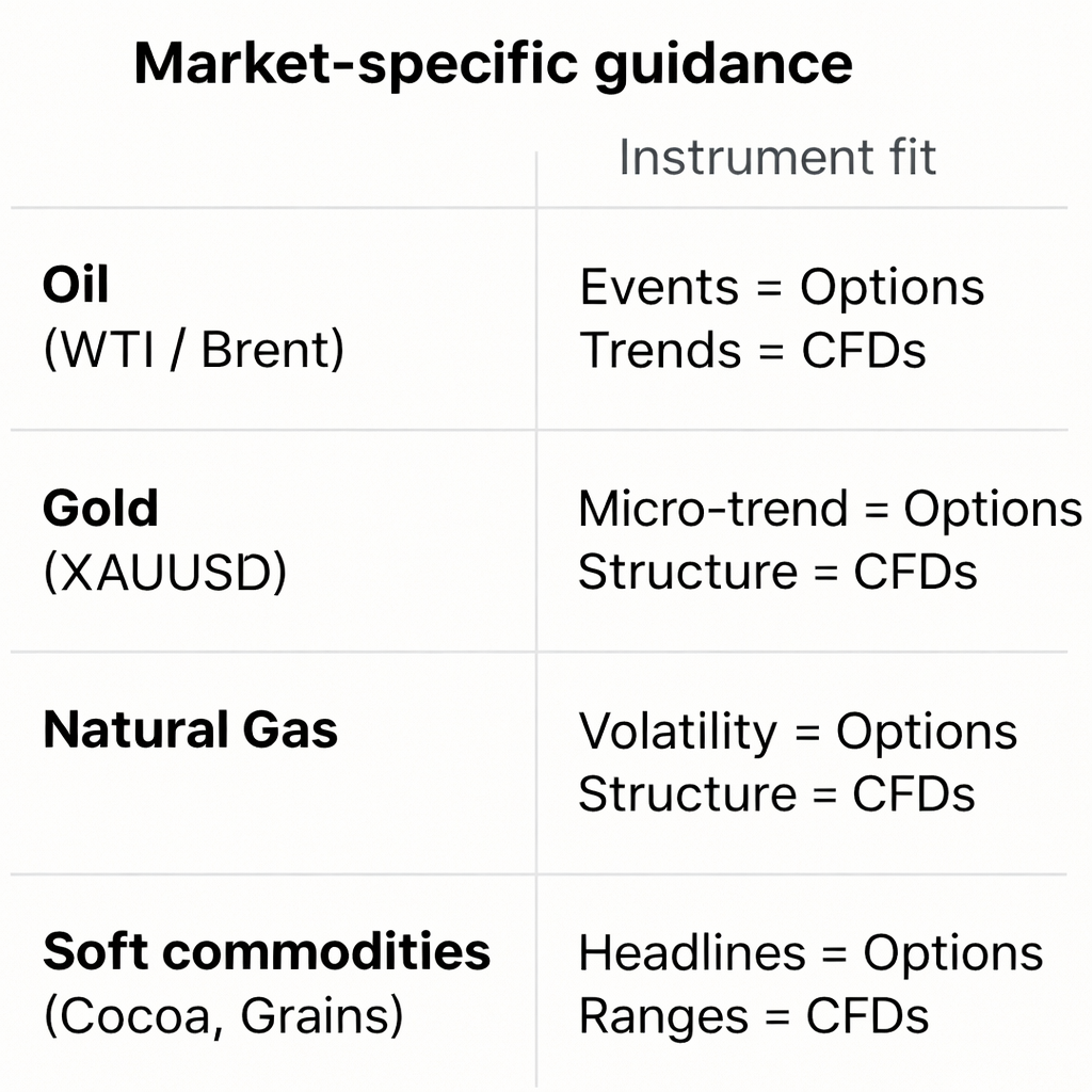 Commodity matrix showing when options or CFDs suit events, trends, and ranges