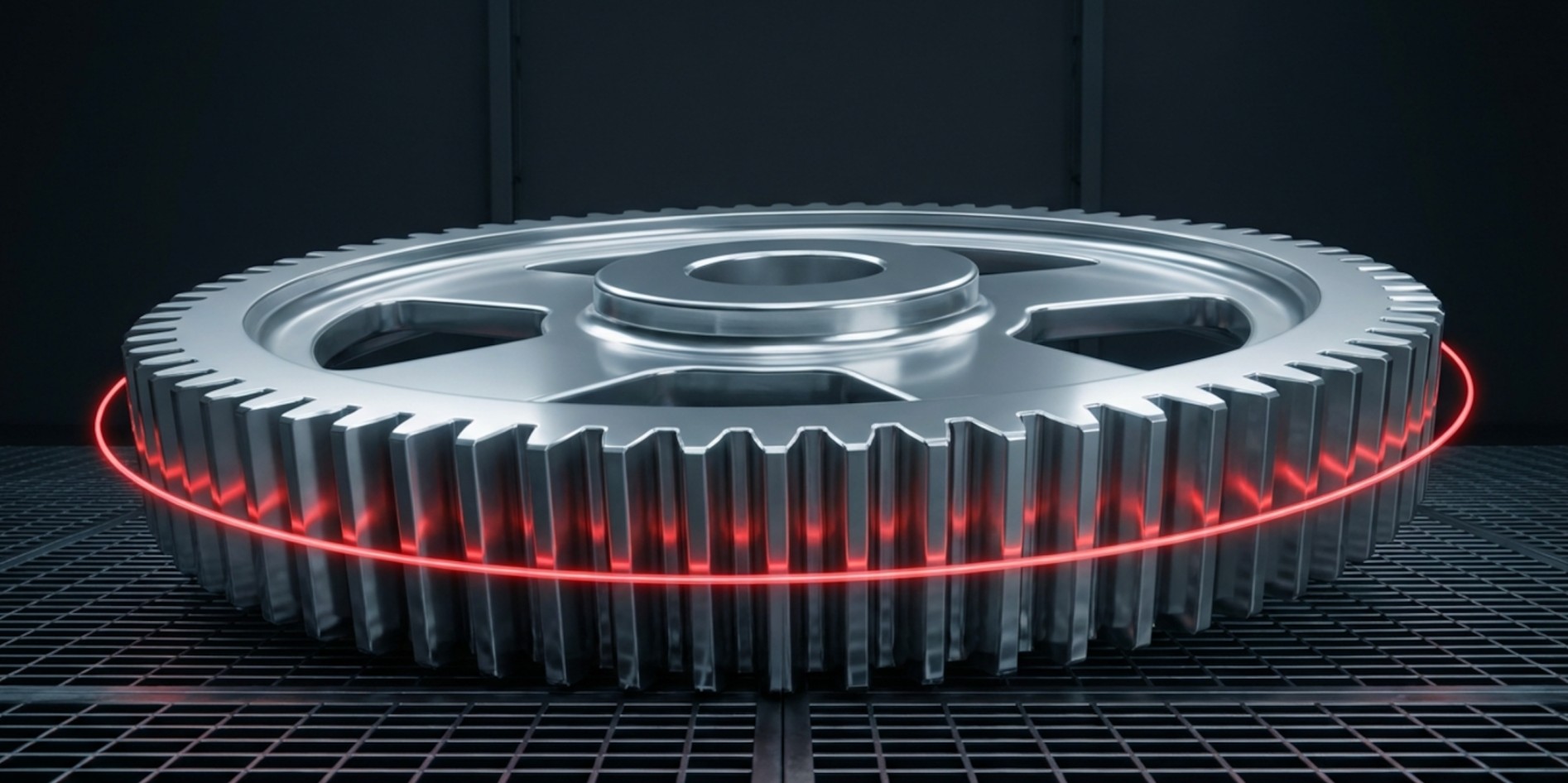 Close-up of a large metallic gear resting on an industrial grid floor, encircled by a glowing red ring of light. 