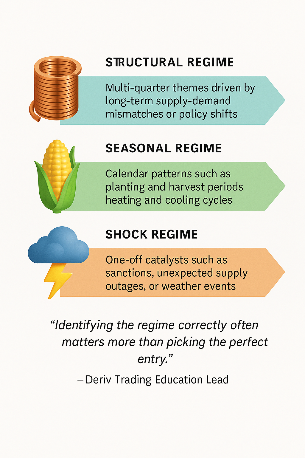 Infographic showing structural, seasonal, and shock trading regimes with icons and a quote on the importance of identifying the correct regime
