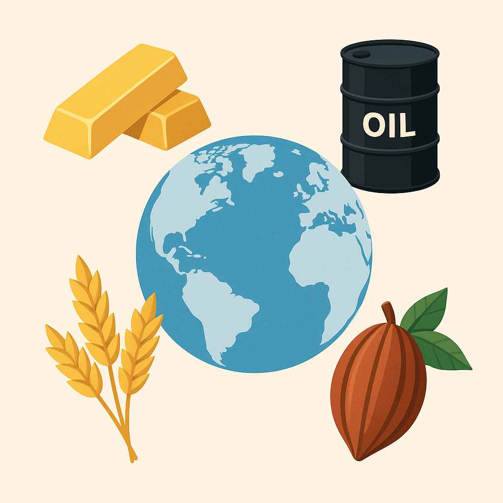 Illustration of global commodities including gold, oil, wheat, and cocoa positioned around a world map to show worldwide market influence