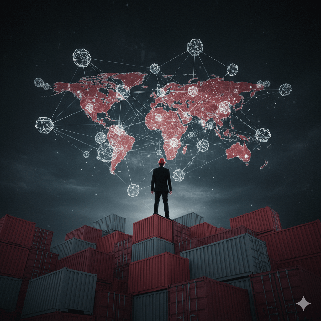 A person in a hard hat standing atop a stack of red and grey shipping containers, looking at a glowing global map with networked data points in a dark sky