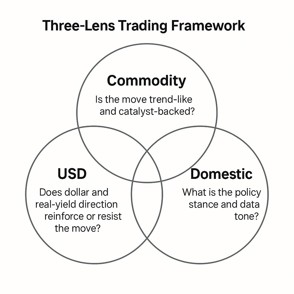 Diagram illustrating the Commodity, USD, and Domestic lenses used to evaluate commodity currency trades
