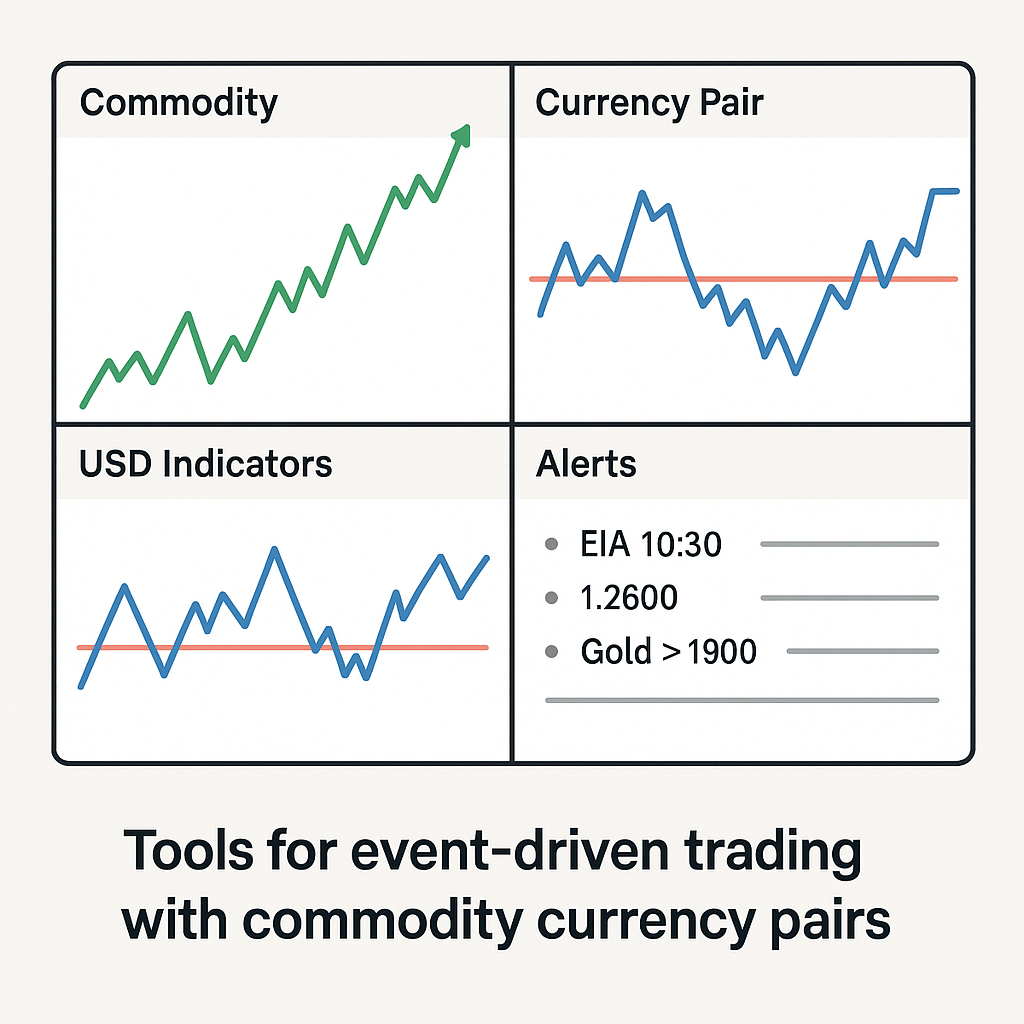 Linked chart layout showing a commodity chart, its currency pair, and USD indicators for event-driven trading