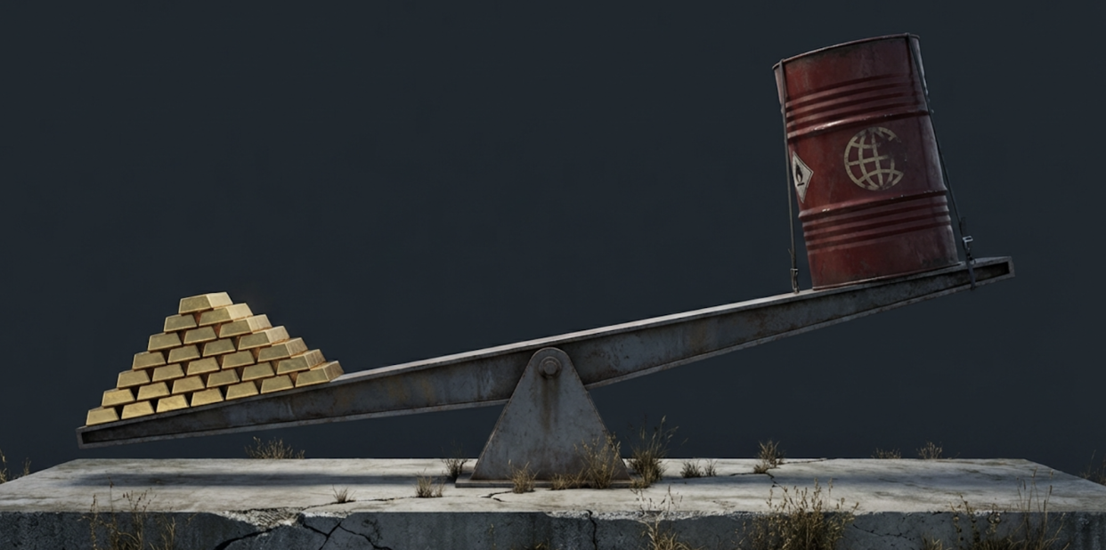 A metal balance beam tilted downward under the weight of a red oil barrel with a globe symbol.