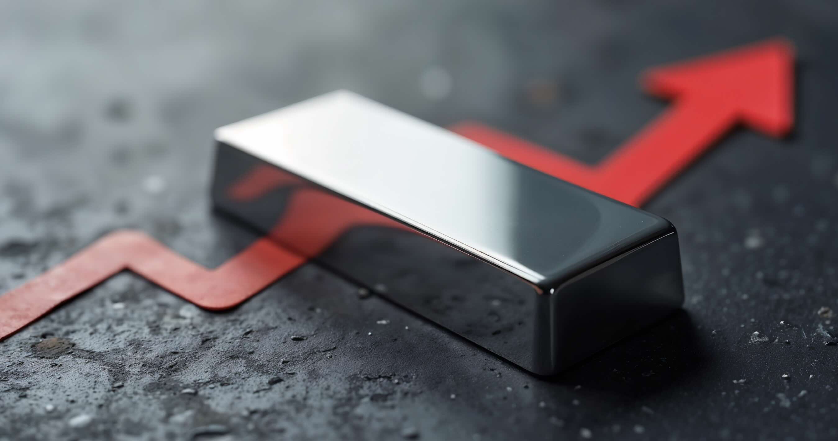 3D silver bar amid digital trading charts, showing market volatility with rising blue arrows and shields.