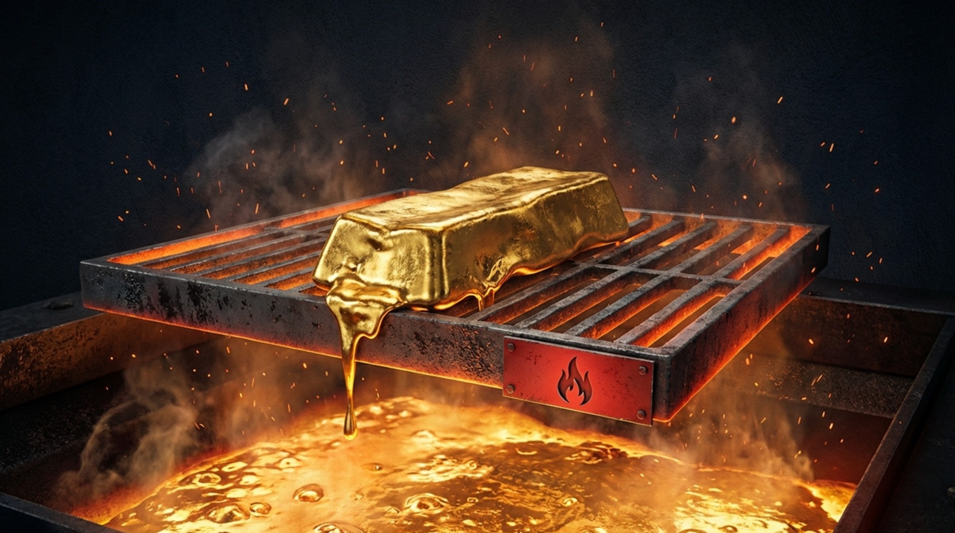 A gold bar melting on a heated metal grate above a pool of molten gold, with sparks and heat rising around it