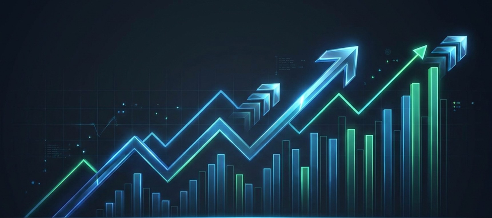 Stylised financial chart showing rising line graphs and upward-pointing arrows over vertical bar charts on a dark background.