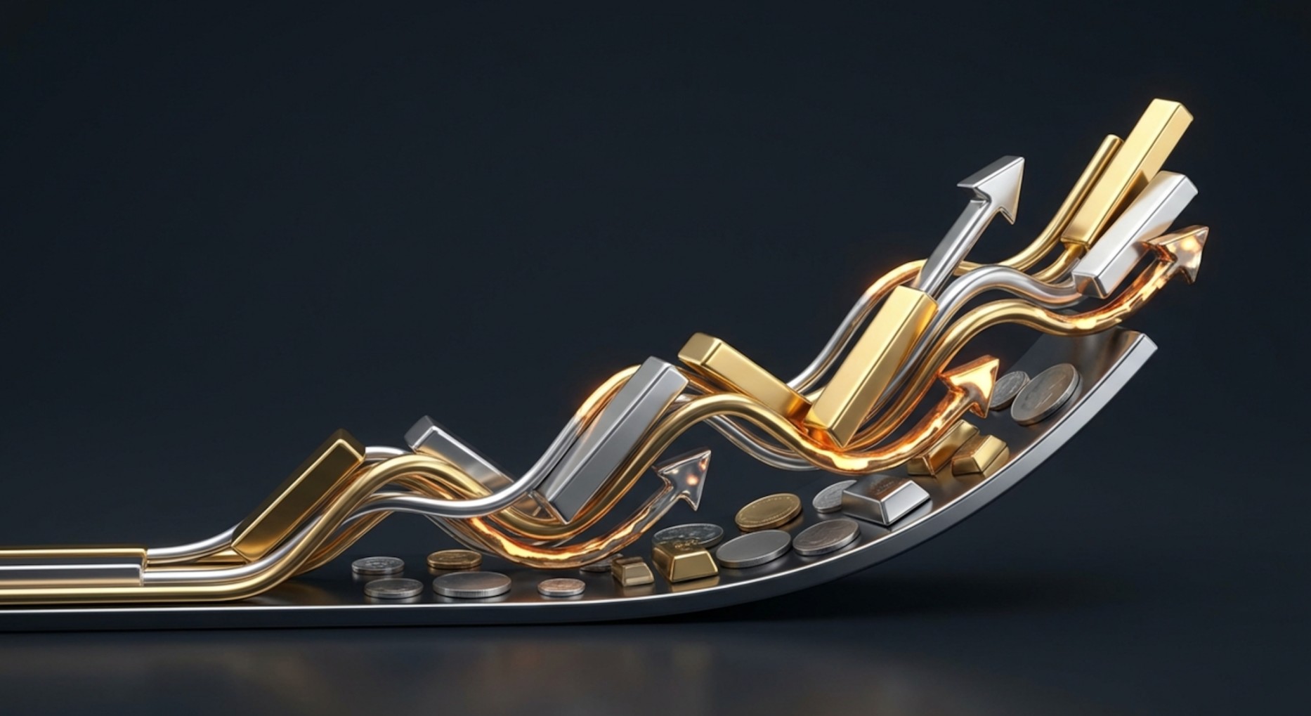 A stylised upward-sloping curve made of gold and silver bars and arrows, with coins at the base, representing rising precious metal prices