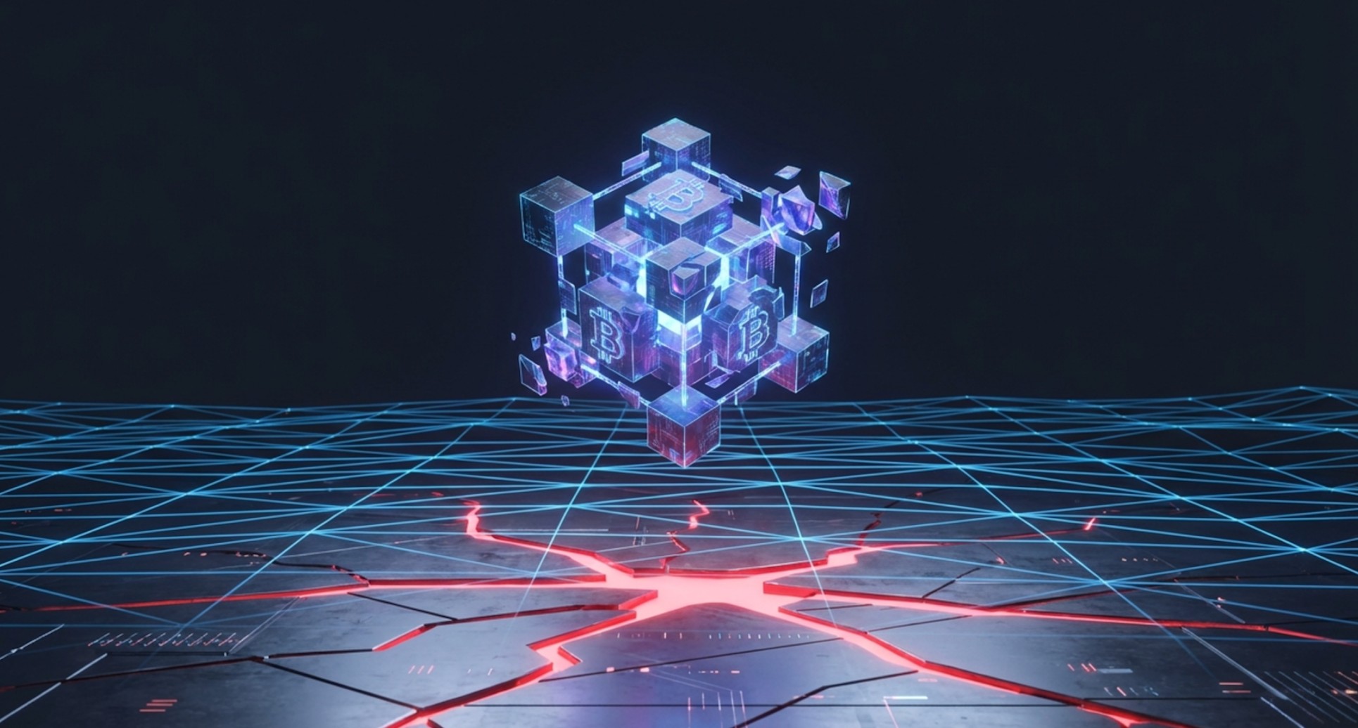 3D illustration of a glowing Bitcoin cube floating above a cracked digital grid with red light emerging from below.