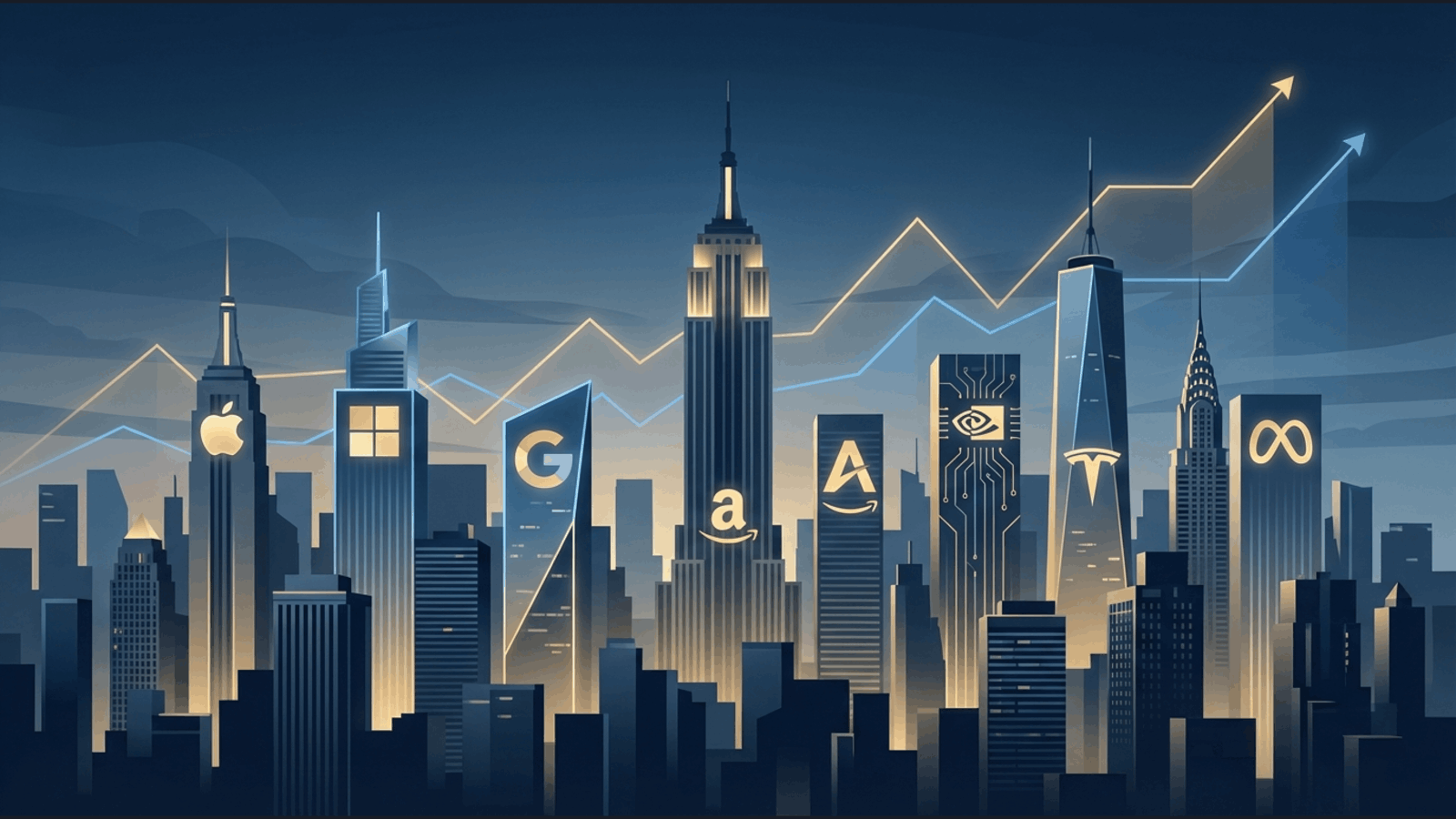  A row of glowing tech and AI-themed icons on a dark background - Amazon, Meta, an electric vehicle symbol, Apple, Microsoft, Google, and an AI chip