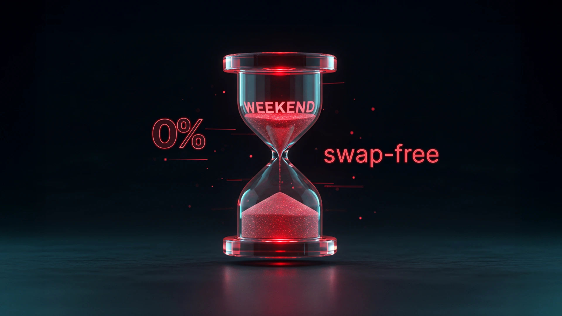 3D hourglass with glowing red sand and the word 'WEEKEND', symbolising 0% swap fees and uninterrupted trading on Synthetic Indices during swap-free weekends on Deriv.