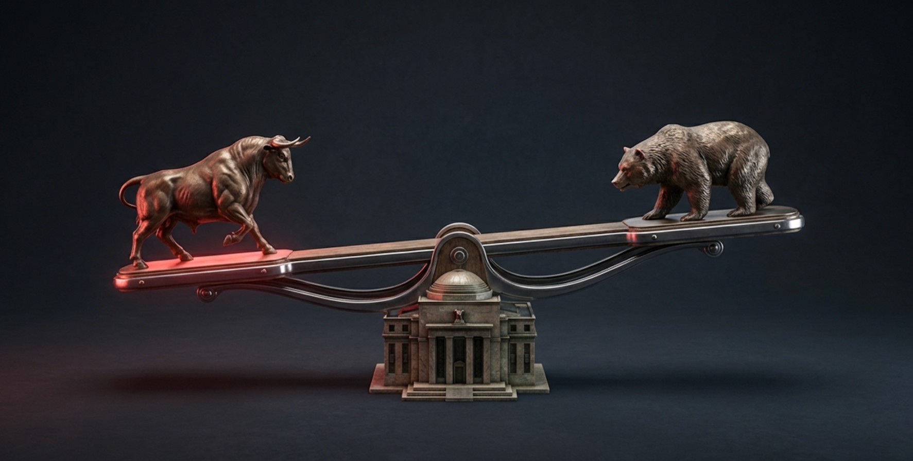 Alt text: Bull and bear figures balanced on a scale, symbolising market forces.