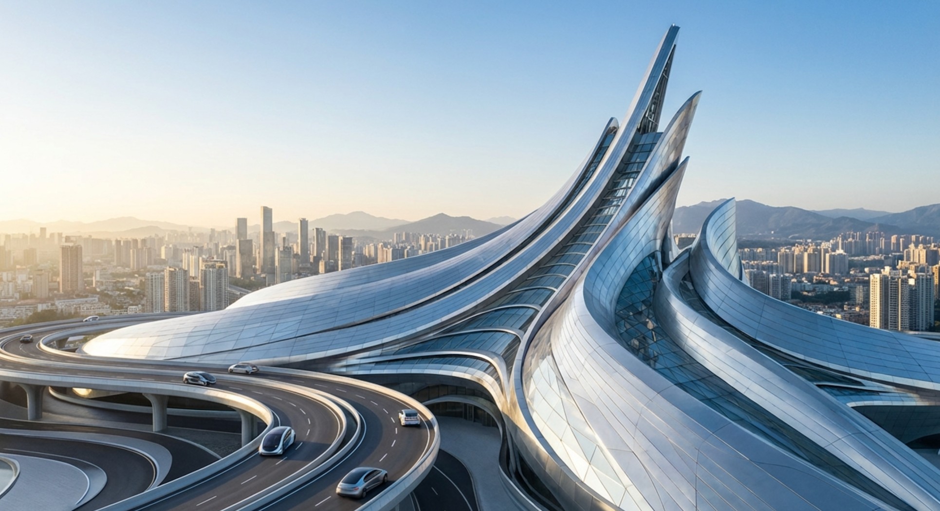Futuristic curved building overlooking a modern city skyline with elevated roads in the foreground.