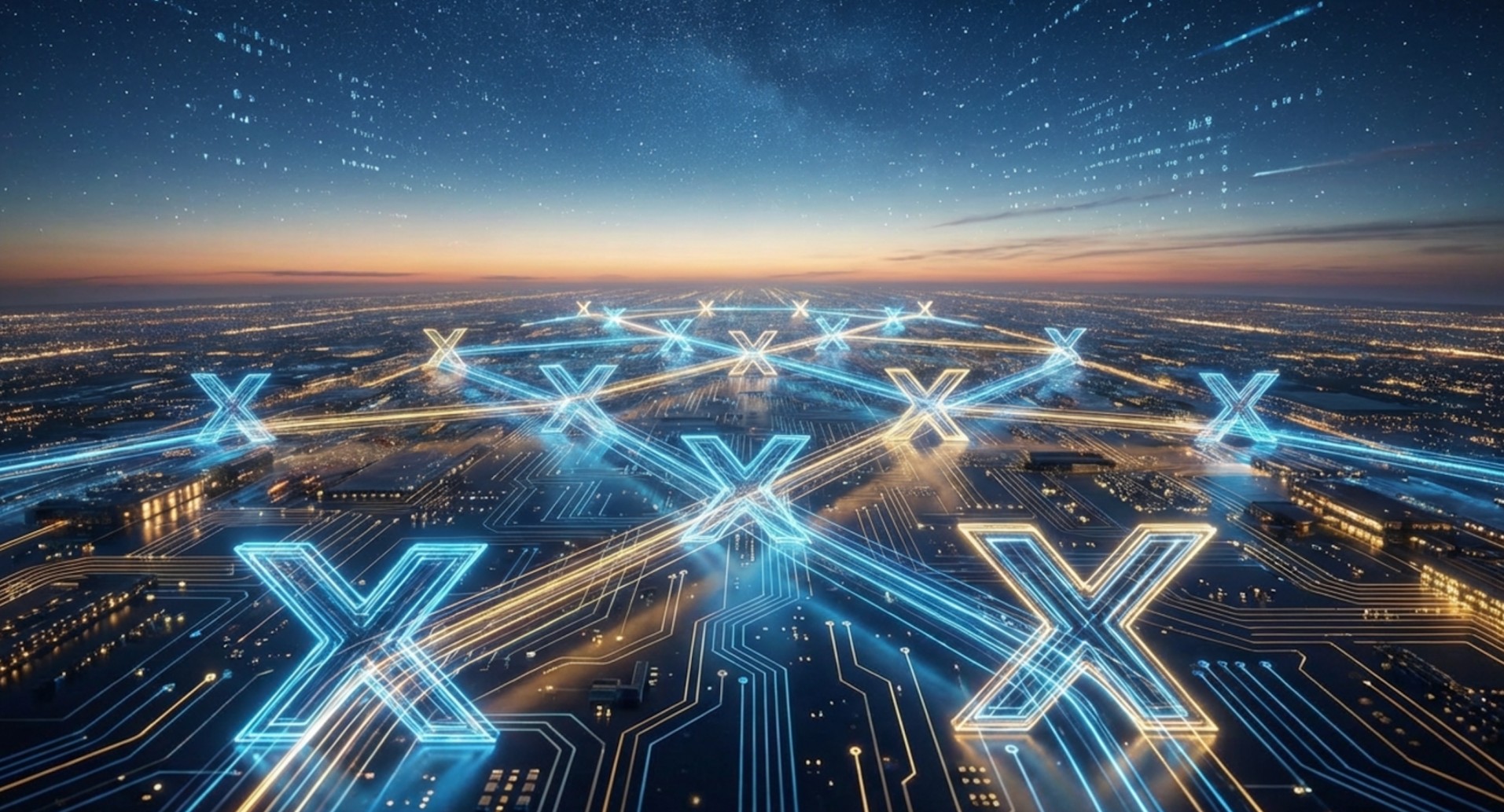 Stylised digital network of glowing XRP symbols spread across a global cityscape.