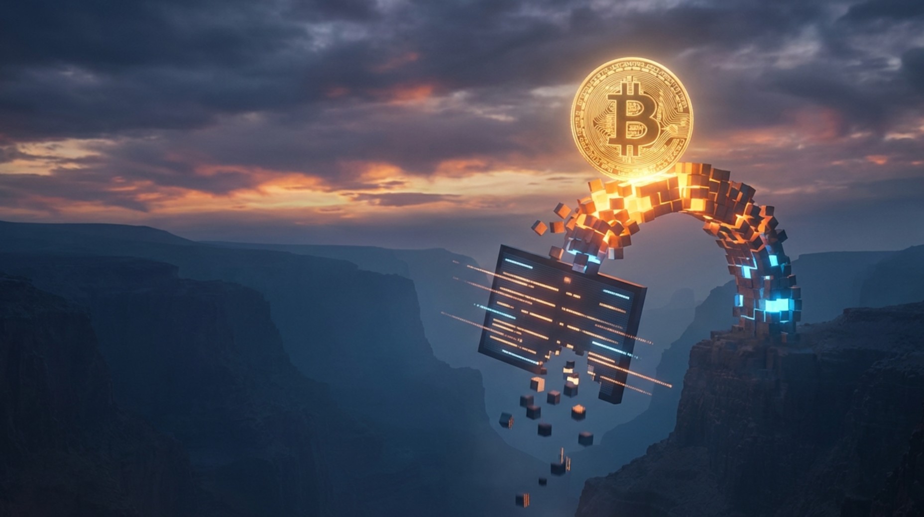 A glowing Bitcoin symbol arching over a canyon, formed from digital blocks and code.