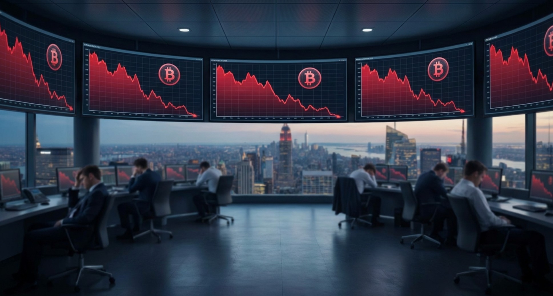 Traders sit at desks in a control room as multiple screens show Bitcoin price charts falling sharply.