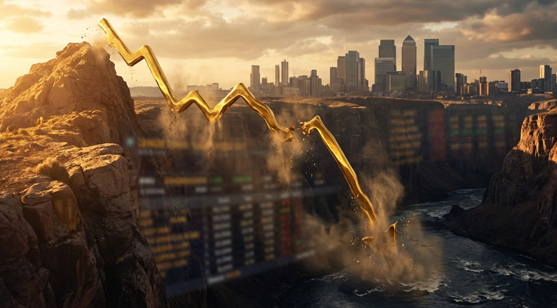 Stylised image of a gold price line plunging into a canyon, with a city skyline in the background, symbolising a sharp market downturn.