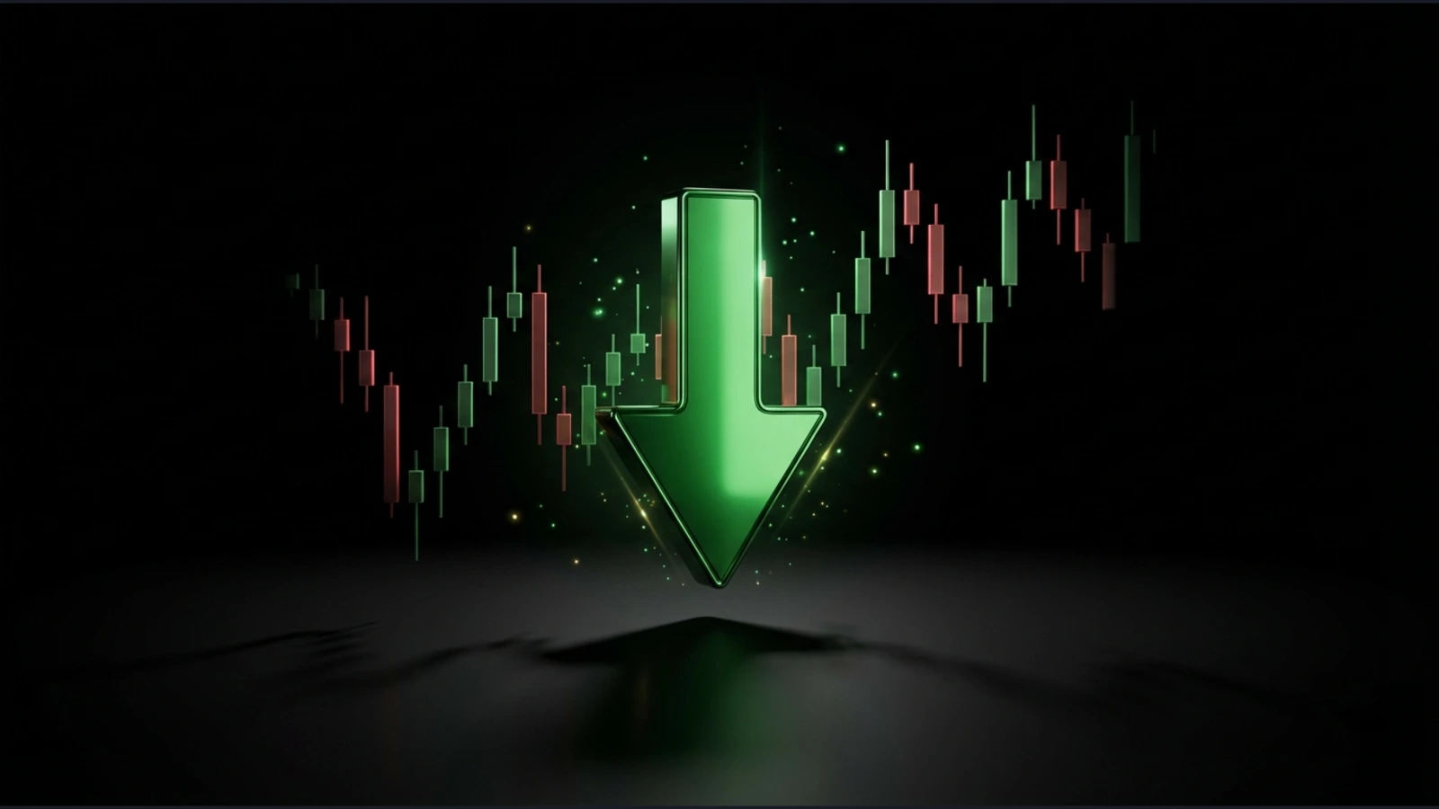 Green downward arrow indicating lower trading costs and improved market conditions against a candlestick chart background