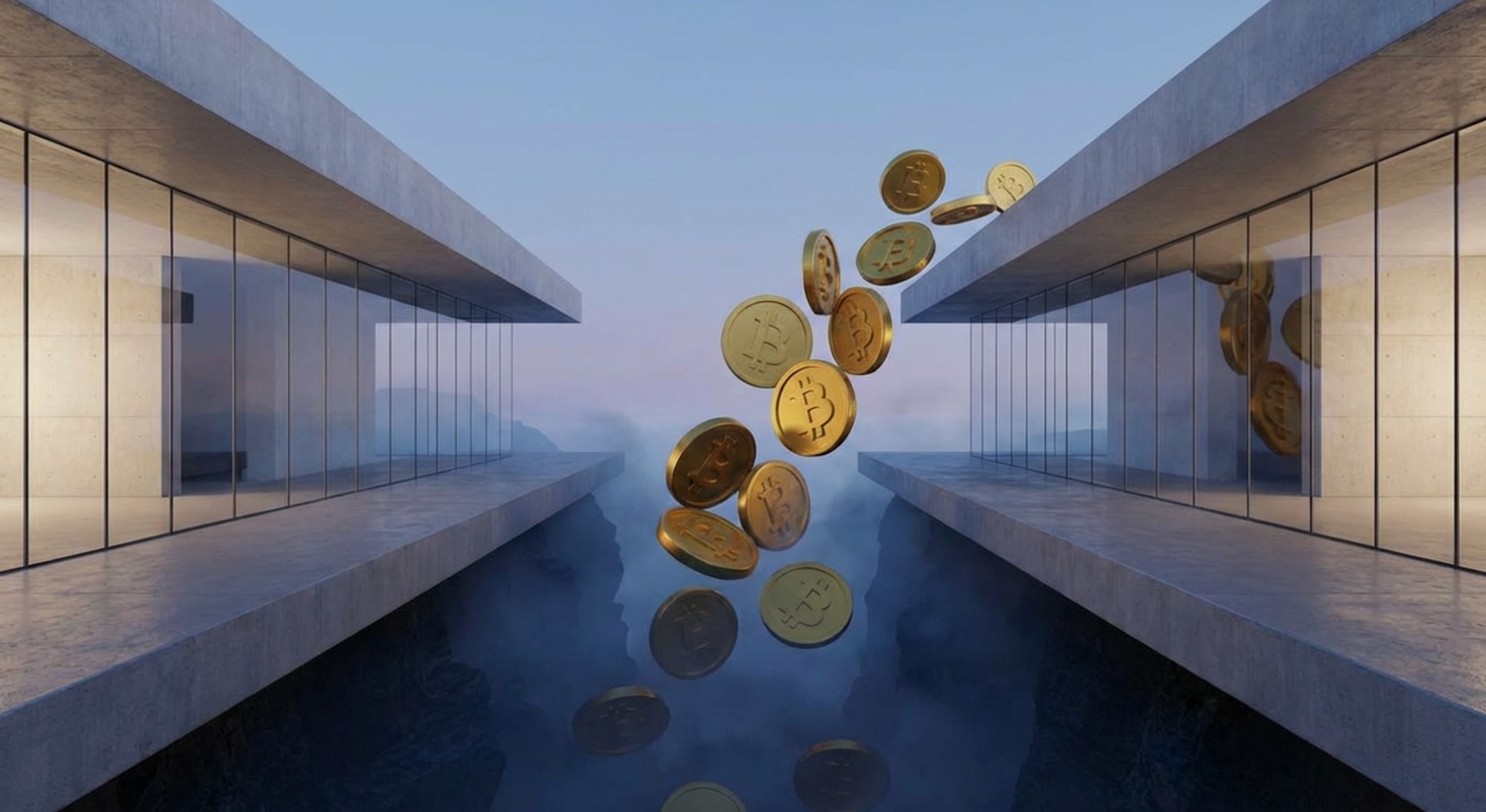 Bitcoin coins suspended mid-air as they fall between two modern concrete buildings.