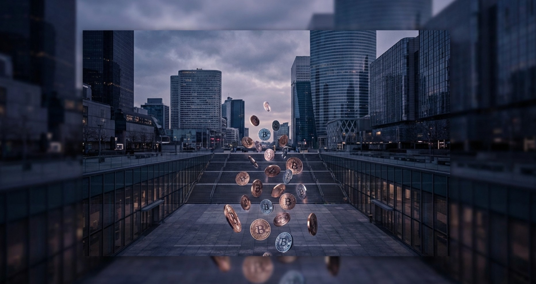Bitcoin coins floating in mid-air between modern office buildings in a financial district.