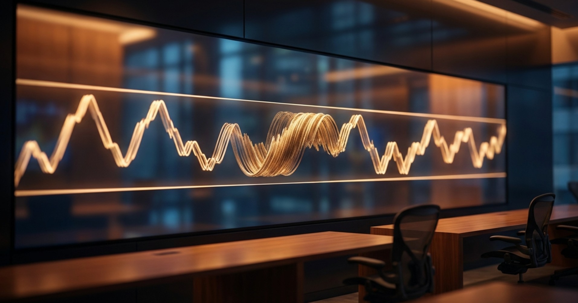 Abstract financial line chart displayed on a large digital screen in a modern trading office, illustrating fluctuating market momentum and periods of volatility.