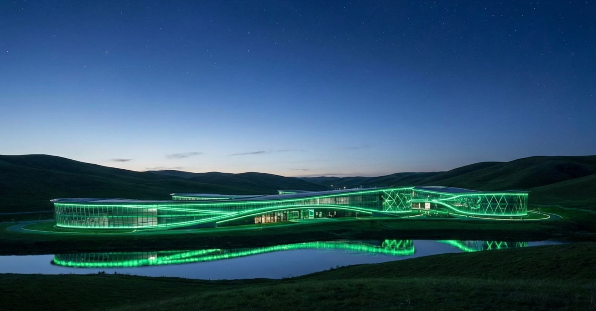 Wide nighttime view of a futuristic, low-profile building illuminated with green lighting, set among rolling hills. 