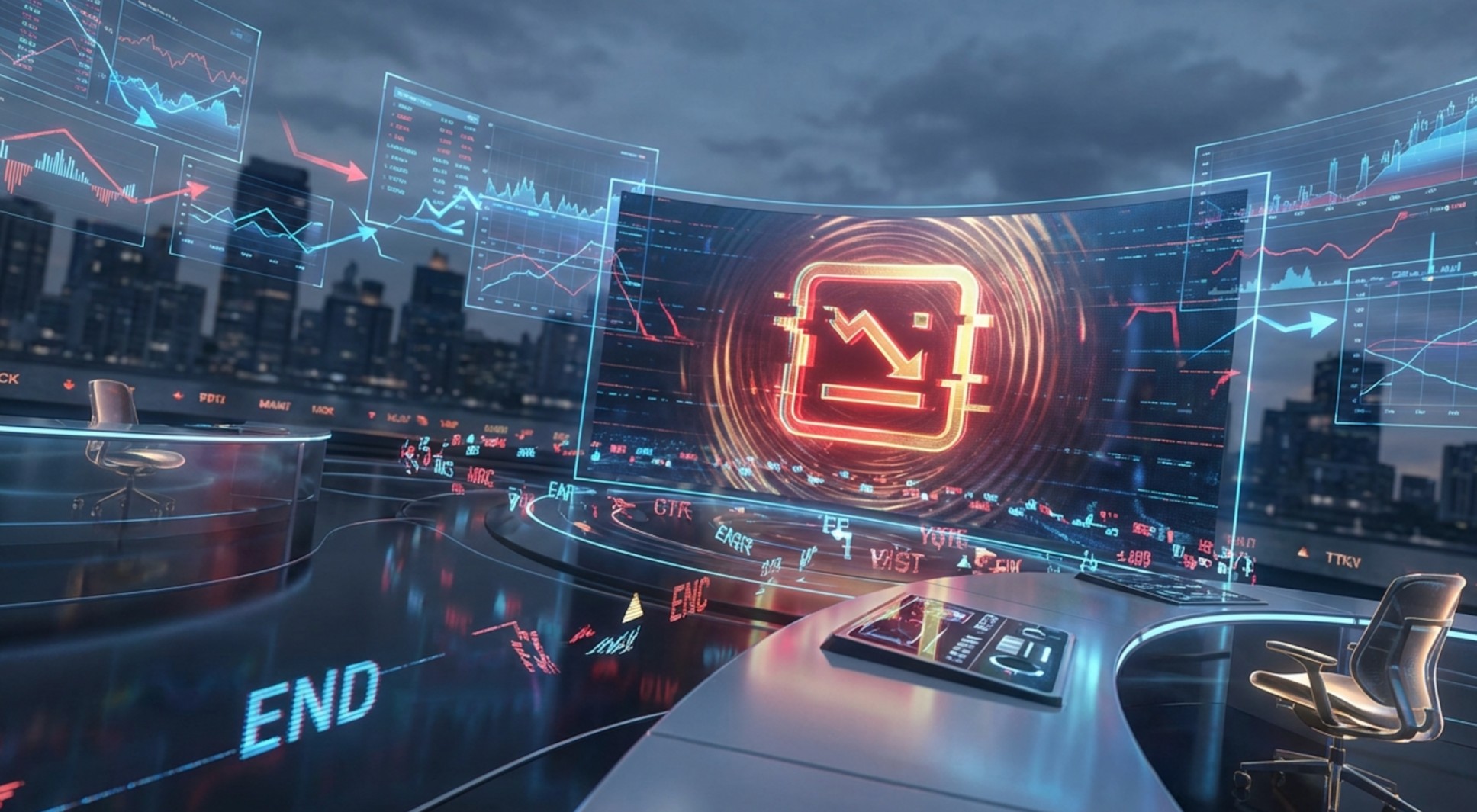 Futuristic trading studio with curved digital screens displaying financial charts, falling price indicators, and market data. 