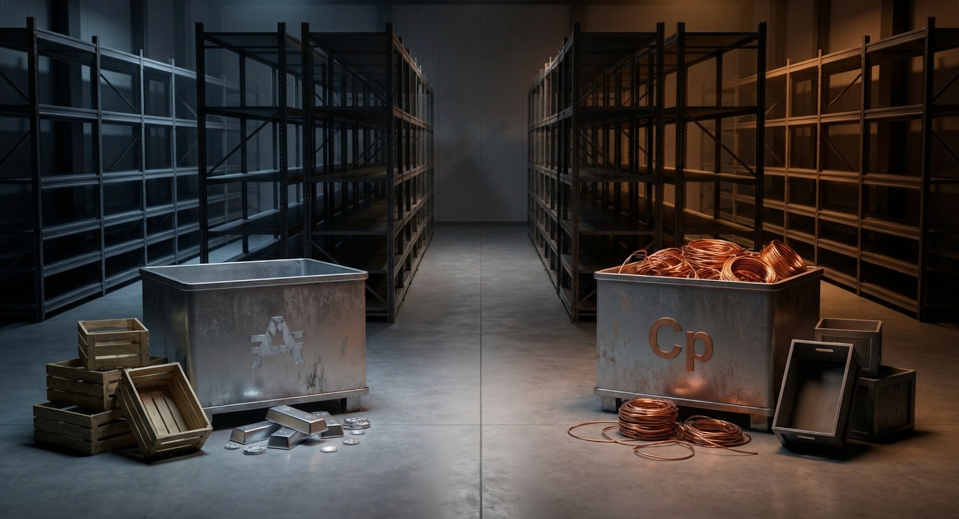 Industrial warehouse interior with empty metal shelving on both sides. In the foreground, two large metal containers sit opposite each other.