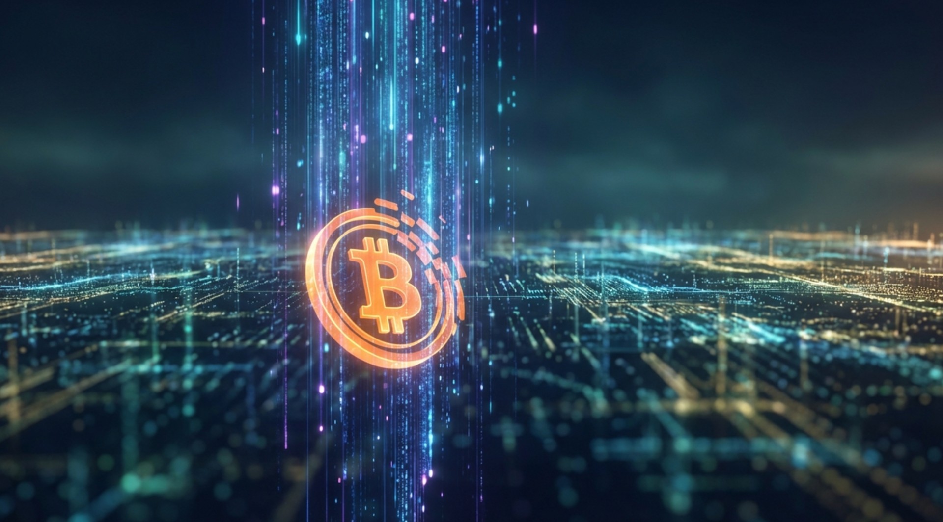 Digital illustration of a Bitcoin symbol emerging from cascading data streams over a glowing network grid, representing blockchain technology and digital value transfer.