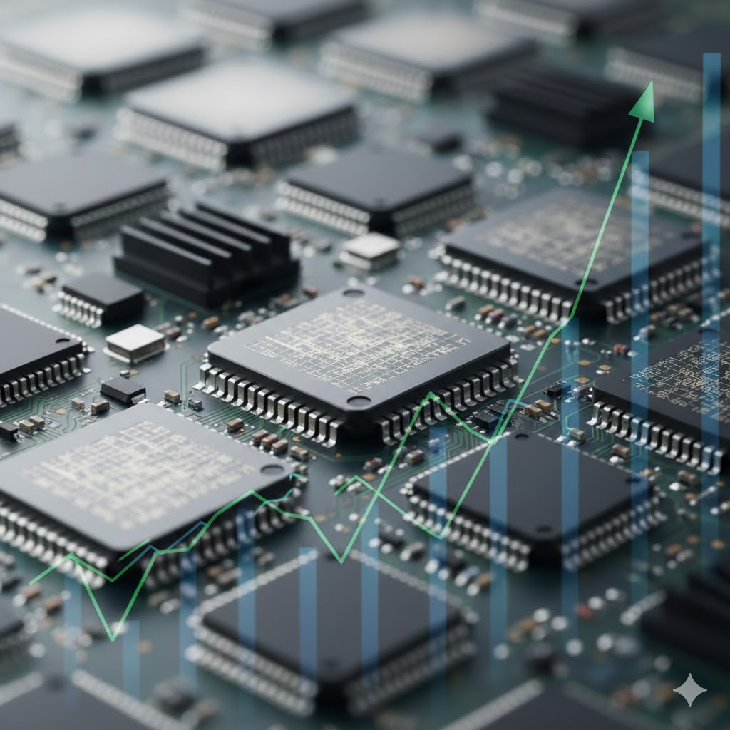 Close-up of semiconductor AI chips on a circuit board with an upward stock chart overlay indicating strong market growth.
