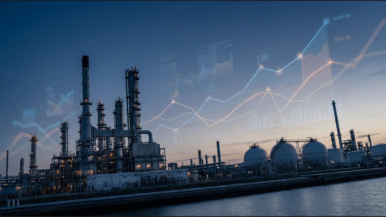 Oil refinery complex at dusk with rising price charts overlay, representing oil market volatility and supply-driven price shifts.