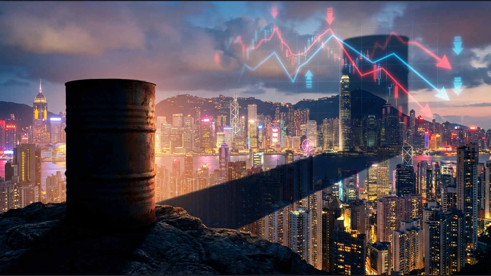 Oil barrel overlooking Asian skyline with falling market charts, symbolising risk-off trade and energy-driven equity declines.