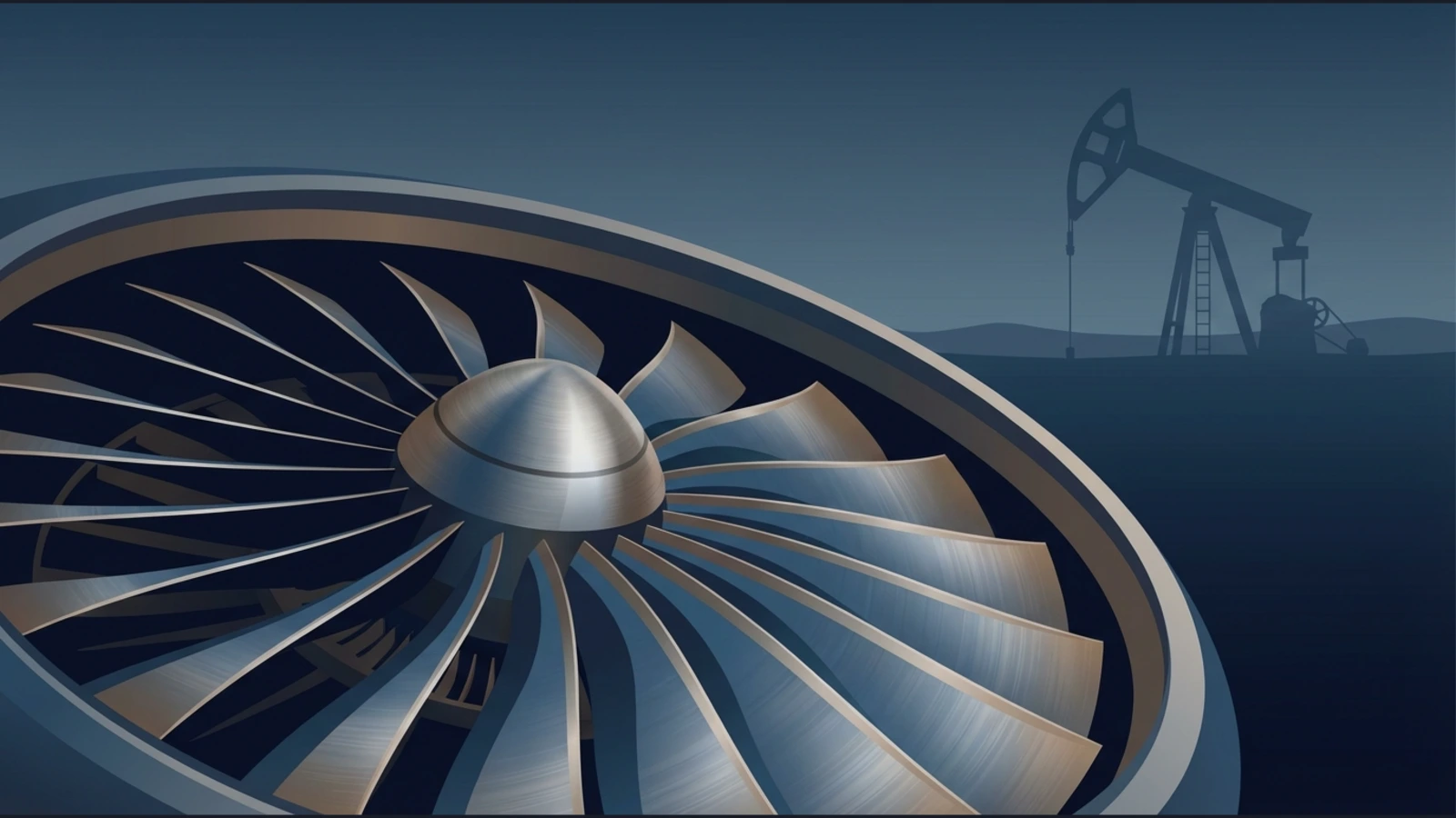 Jet engine turbine in foreground with oil pumpjack silhouette, illustrating fuel costs and energy market volatility.