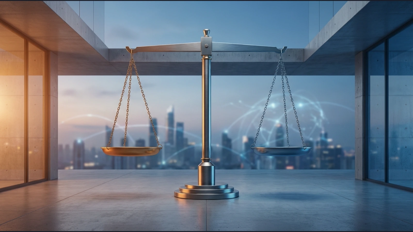 Balanced scale in modern office overlooking city skyline, symbolising market equilibrium between inflation, oil prices and monetary policy