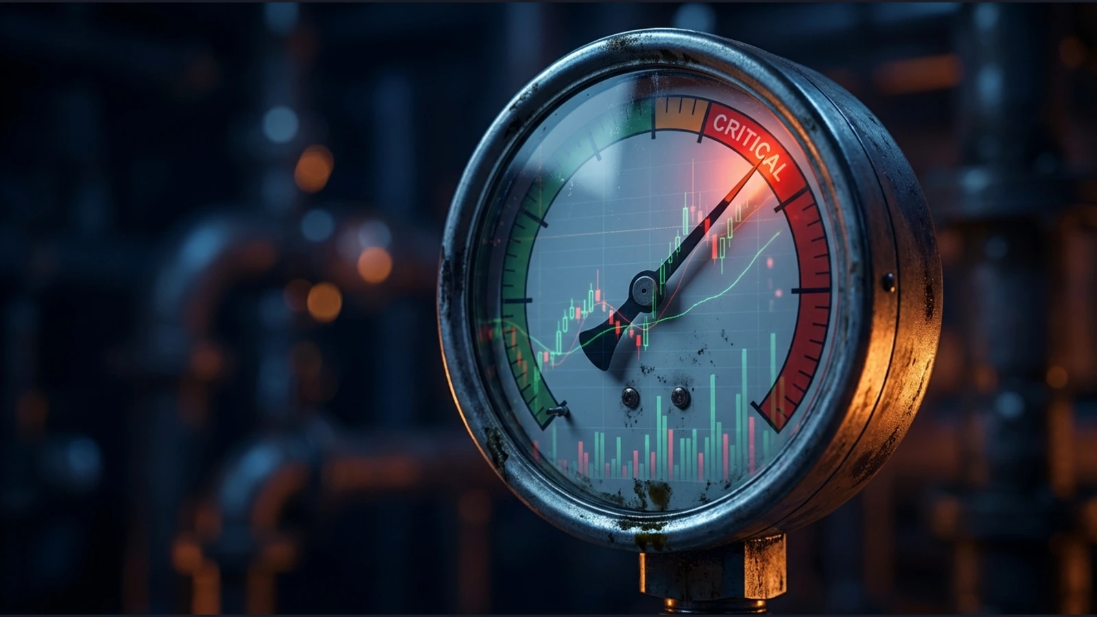 Oil pressure gauge showing rising market chart in critical red zone, symbolising inflation risk and CPI volatility.