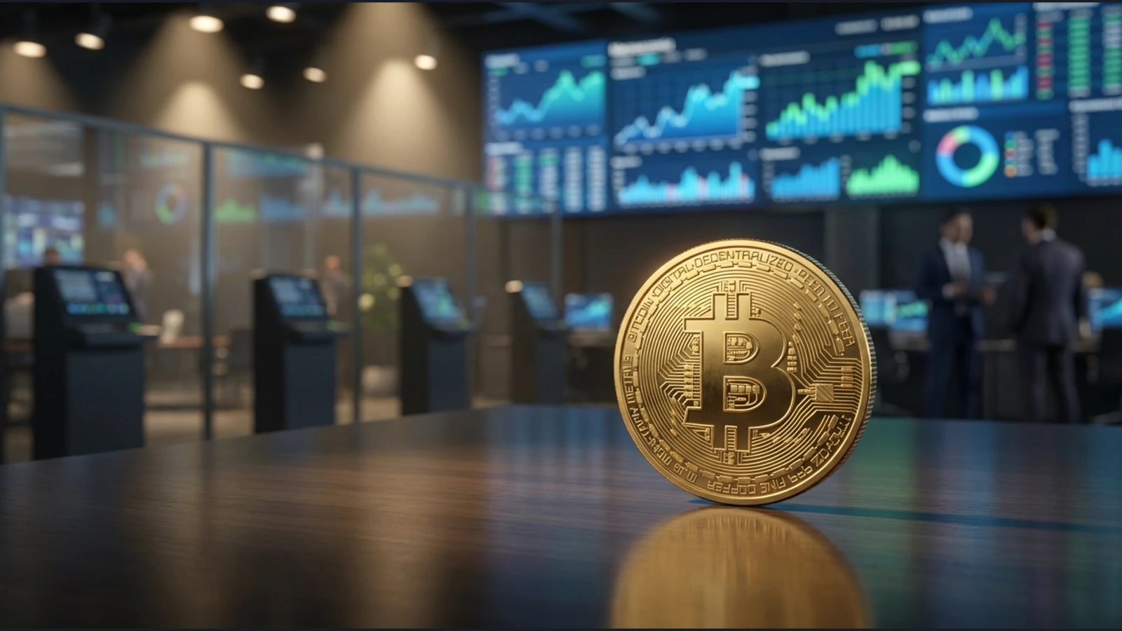 Bitcoin coin in a trading room with market charts, reflecting price focus near $70,000 ahead of US CPI data
