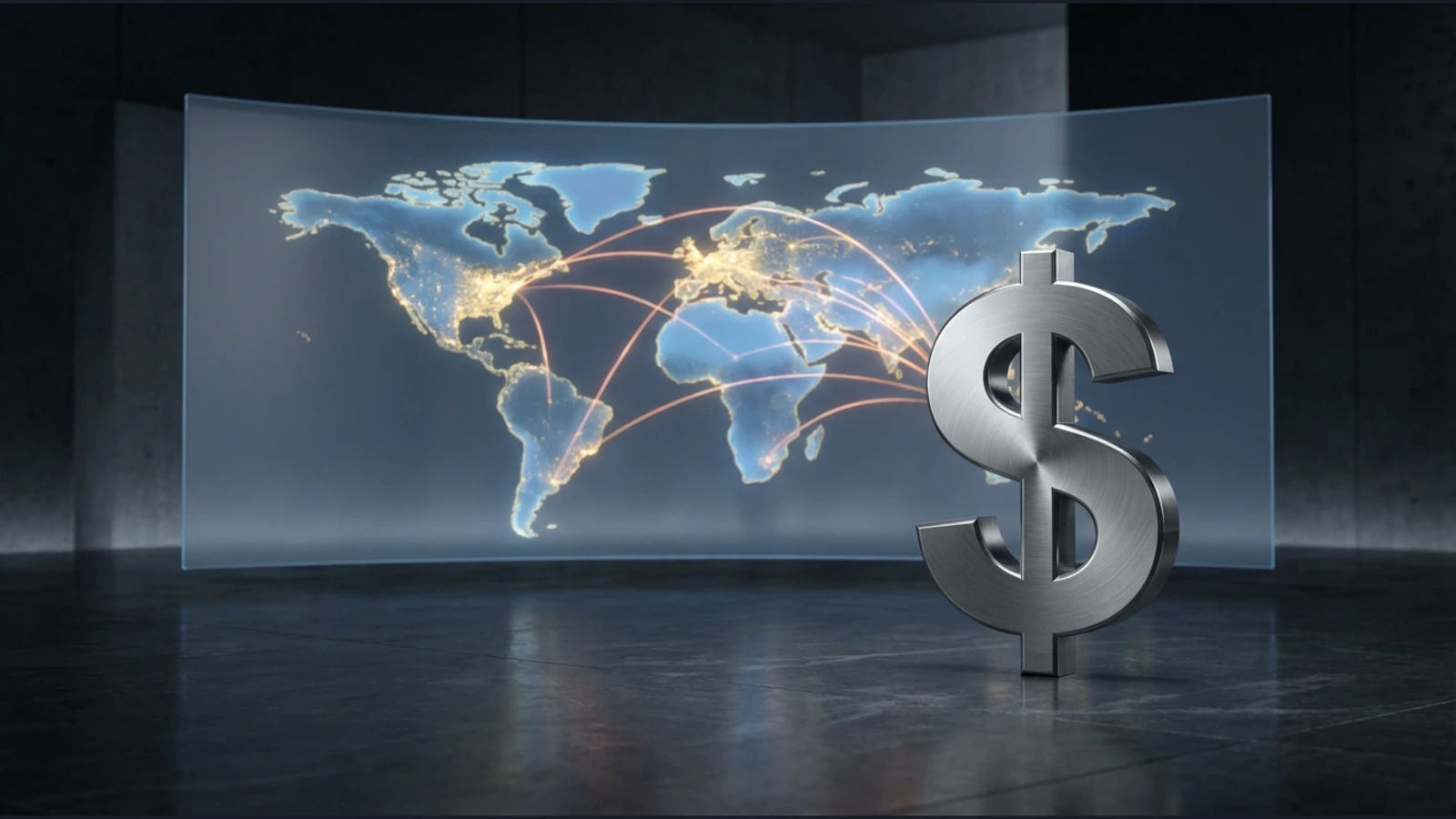 Global financial map with connection lines and large US dollar symbol representing the dollar’s influence on global markets.
