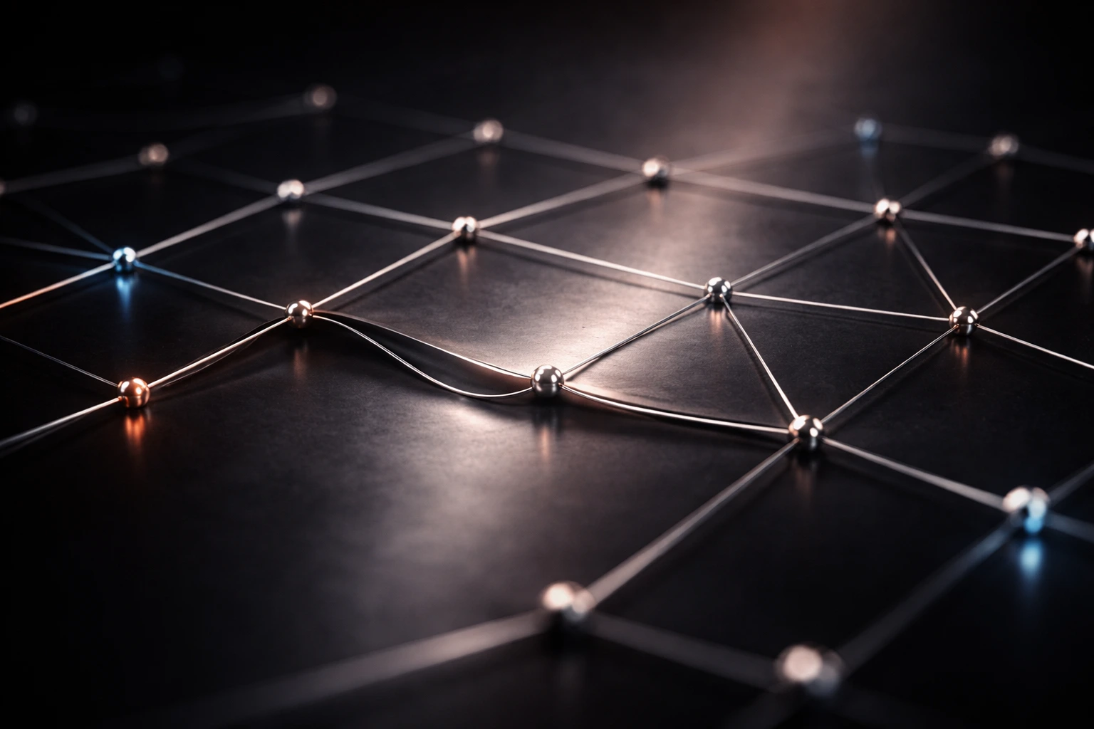 Abstract network of connected nodes with fluctuating lines, representing market volatility, liquidity shifts, and interconnected financial systems